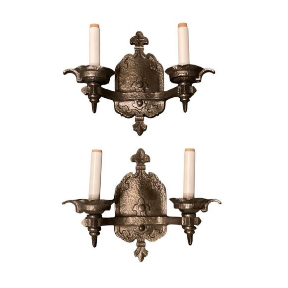 A Pair of Vintage Gothic Iron Wall Sconce Two Candle Lights Fleur de lis - Picture 1 of 8